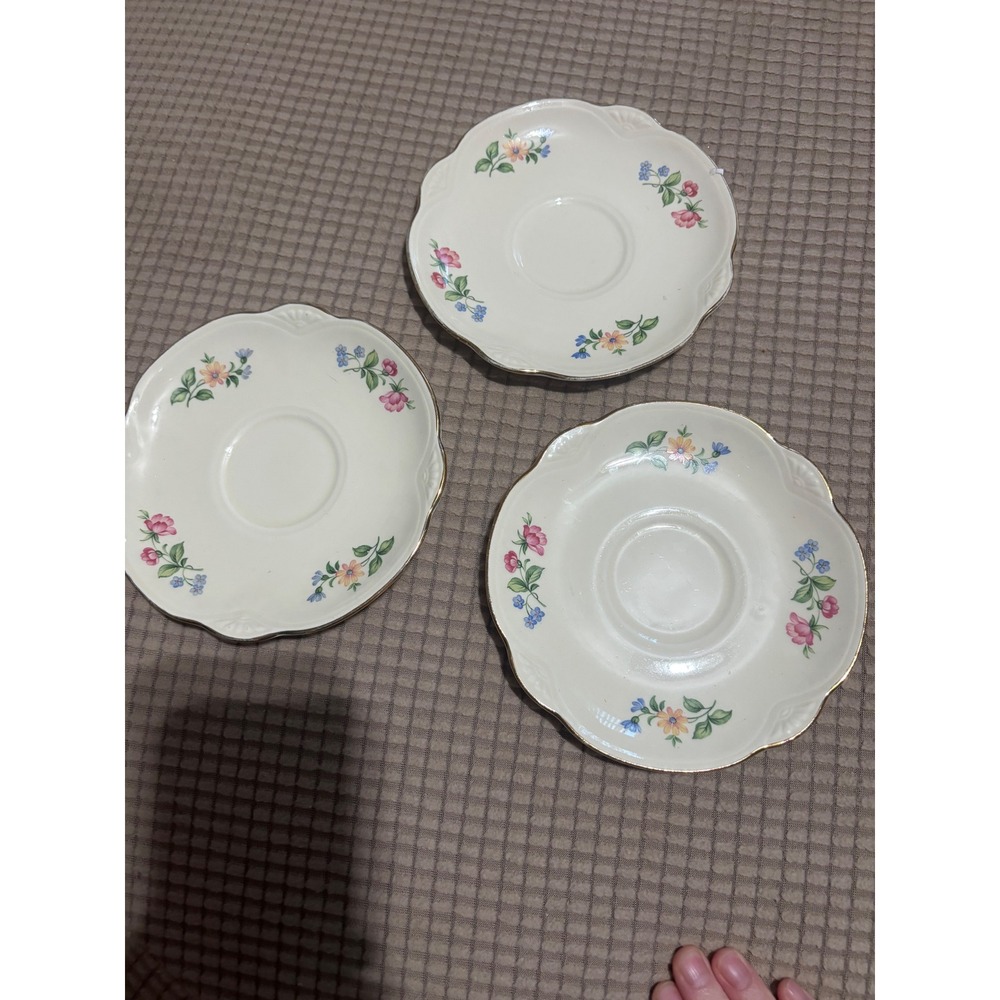 Homer Laughlin Georgian Eggshell Floral Saucers Set of 3 Vintage Gold Trim 6in